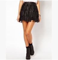 【CW】 Fashion Short Skirts Female Waist Faux Leather Soft Skirt with Tassels