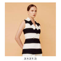 [asava aw22] Jacqueline signature striped Jacket เสื้อแจ็คเก็ต ปกสูท แขนกุด กระดุมคู่ ตัดต่อผ้าลายทาง