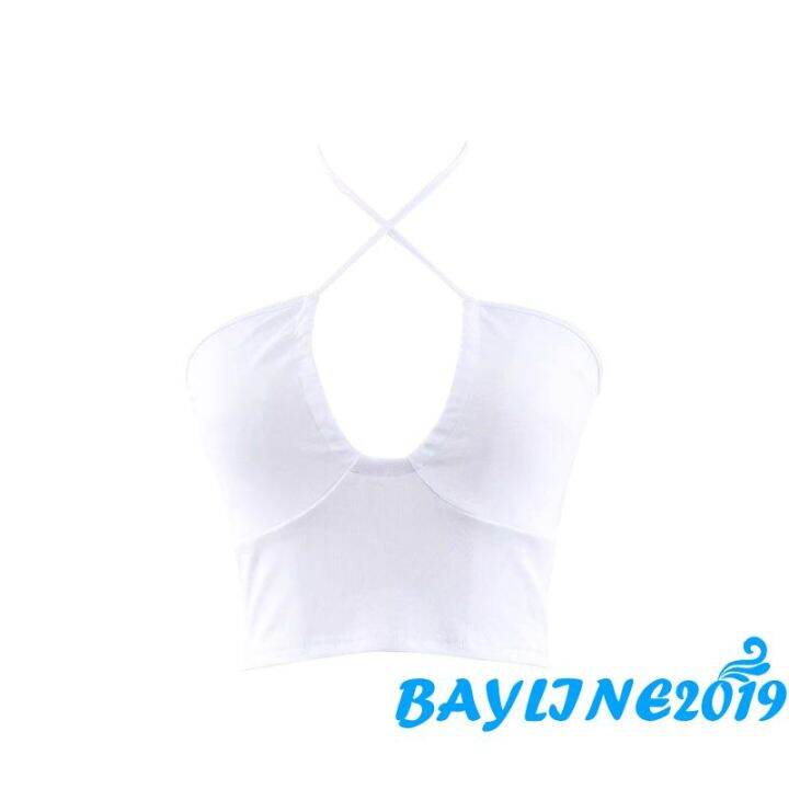 bay-เสื้อครอปแขนกุดสีพื้นเซ็กซี่สําหรับผู้หญิง