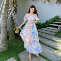 A word shoulder chiffon dress new ultra female summer years French beach vacation fairy flower skirt