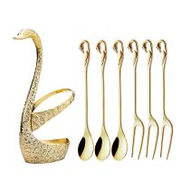 7 Pcs Swan Base Holder Dinnerware Set Cutlery Coffee Cake Fruit Salad Dessert Flatware Teaspoon