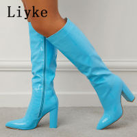 Liyke Spring Autumn Motorcycle Women Pointed Toe Zip Knee High Boots Fashion Pink Snake Print Square Heels Party Long Shoes Lady