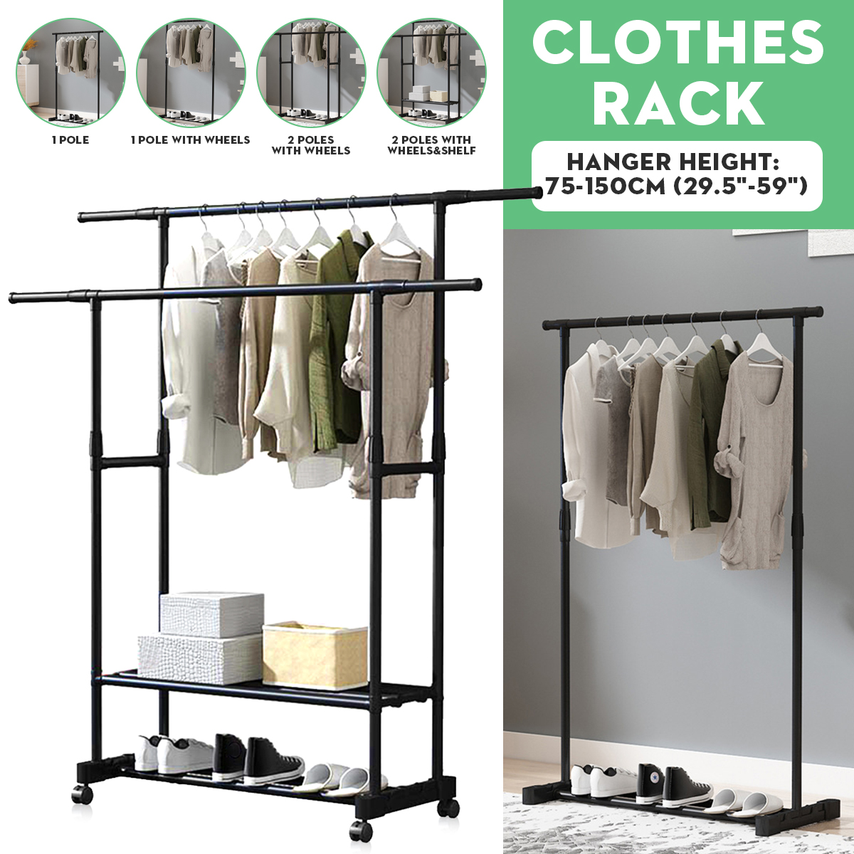 Rolling Heavy Duty Adjustable Clothes Hanger Rail Garment Rack Shoe Shelf 