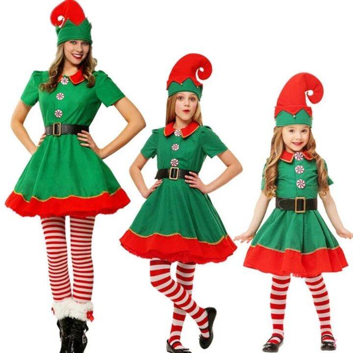 2024 Christmas Elf Costume Girls Xmas Santa Claus Green Elf Dress For