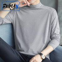 RUNAY แขนยาวเสื้อยืดผู้ชายสีทึบผ้าฝ้าย100% O-คอ Tops Tee ที่มีคุณภาพสูงชายพื้นฐานด้านล่างเสื้อยืด