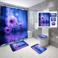 Blue Shower Curtains Set Pink Flower Butterfly Bathroom Decoration 3 Piece Toilet Mat Set Digital Printing Waterproof Curtains