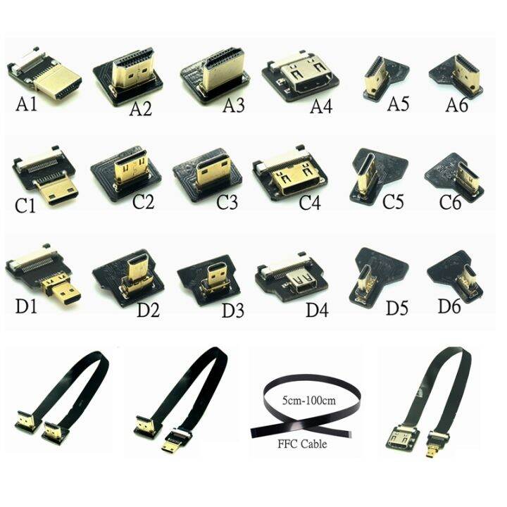 pita-fpv-hdmi-kompatibel-konektor-fleksibel-kabel-datar-raspberry-pi-4-mikro-hdmi-ke-hdmi-mini-hdmi-perempuan-90-derajat-ffc-20pin