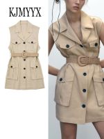 KJMYYX 2023 New Linen Women Dress Fashion Matching Belt Blend Slim Fitting Vest Style Short Dress Female Sleeveless Dress