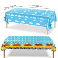 Lennie1 Cartoon Toy Story Party Supplies Cow Pattern Table Cover Blue Sky and White Cloud Tablecloths for Kids Boys Birthday Decorations