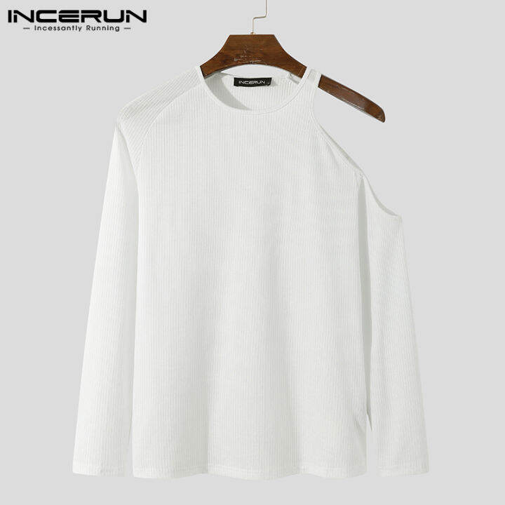 incerun-เสื้อเชิ้ตแขนยาวสำหรับผู้ชาย-เสื้อเบลาส์เสื้อยืดคอกลมเปิดไหล่สวมใส่สบาย