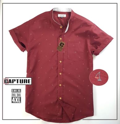 Capture Shirt เสื้อเชิ้ตผู้ชาย คอจีน แขนสั้น oxford ลายเรือใบ สีแดง มีถึงอก 48 นิ้ว