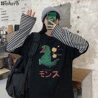 ♙ Woherb Patchwork Loose Women T Shirt Fake 2 Pieces Stripe 2023 Korean New T-shirt Harajuku Streetwear Lady Hip-hop Top Tees