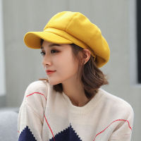 2021ขนสัตว์ผู้หญิง Beret ฤดูใบไม้ร่วงฤดูหนาวแปดเหลี่ยมหมวกหมวกสไตล์ศิลปินจิตรกรเด็กส่งหนังสือพิมพ์หมวกสีดำสีเหลือง Beret หมวก