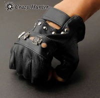 Men Real Leather Cross Stud Punk Rocker Driving Motorcycle Fingerless Gloves G02