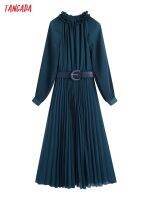 Tangada Women Rufffles Pleated Party Dress With Belt Long Sleeve Vintage Style Females Long Dresses Vestidos CE372