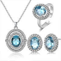 Jewelry Set Korean Style Elegant Womens Egg-shaped Blue Zircon Necklace Ring Set Jewelry