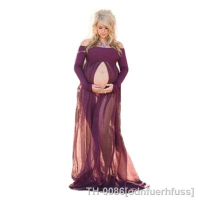 ✙☋ Maternidade garfo frente vestidos de festa gravidez Photo Shoot fotografia adereços manga comprida maxi vestido mulheres grávidas roupas verão
