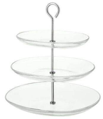 KVITTERA Serving stand, three tiers, clear glass, stainless steel (ควิทเทียร่า จานเสิร์ฟ 3 ชั้น, แก้วใส, สแตนเลส)