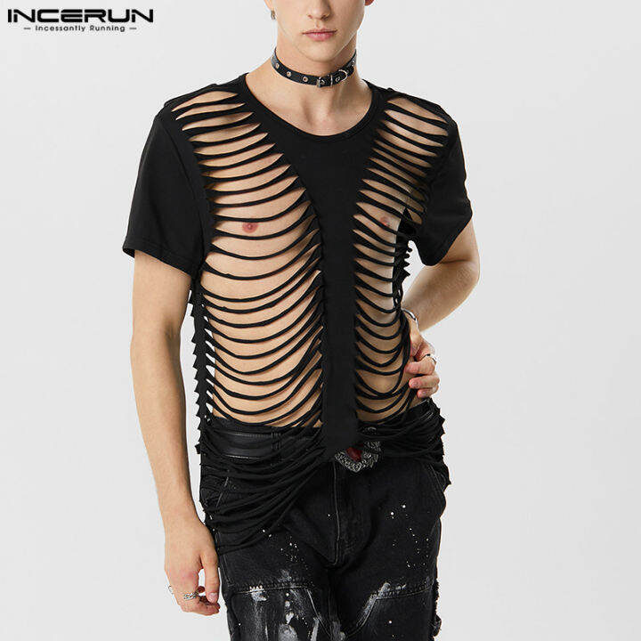 incerun-ผู้ชายแขนสั้น-streetwear-เสื้อธรรมดาบุคลิกภาพเสื้อยืดคอกลวงออกลูกเรือ-สไตล์ตะวันตก