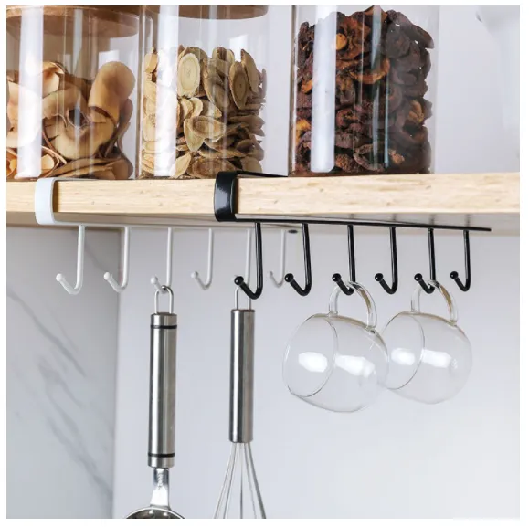 6 Hooks Cup Holder Hang Kitchen Cabinet Under Shelf Storage Rack Organizer  Hook