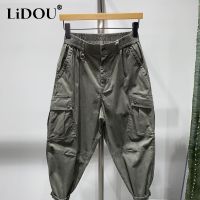 Spring Autumn New Solid Color All-Match Haren Pants Man Elastic Waist Zipper Button Pockets Street Personality Pencil Trousers