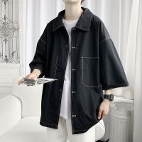 Contracted tooling short-sleeved shirt male port tide FengRi summer shirt 7 minutes of sleeve shirt coat loose thin Europe and the United States