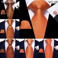 ❏❖◎ Solid Striped Orange Silk Wedding Tie For Men Hi-Tie Designer Handky Cufflink Gift Mens Necktie Fashion Business Party Dropship