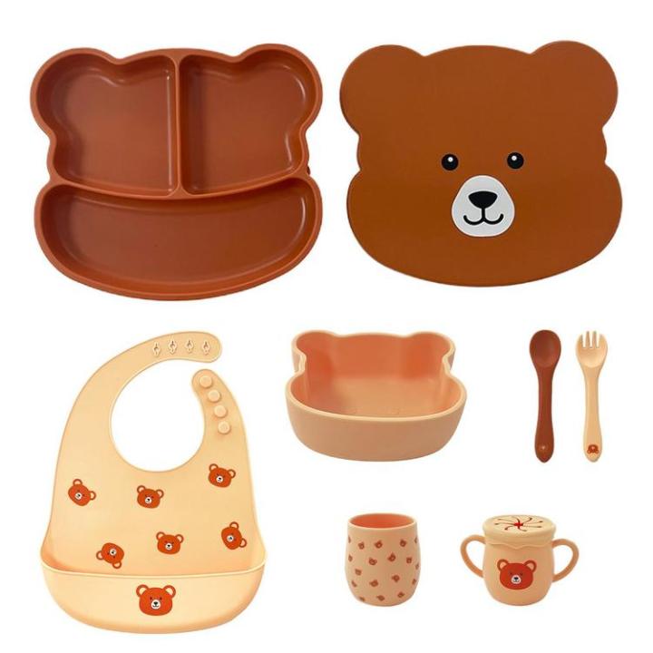 childrens-silicone-tableware-set-reusable-cup-fork-spoon-bowl-food-plate-food-grade-dishwasher-safe-divided-cartoon-bear-bowl-for-kitchen-dining-room-home-travel-reasonable