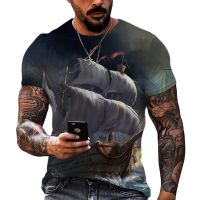 Summer Fashion Retro Sailboat Mens t-shirt 3D Casual Personality Trend Vintage Printed Round Neck Short Sleeve Streetwear Tees