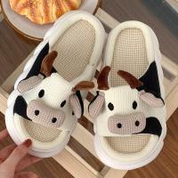 (ETX)ETXCute Cartoon Home slippers Women Thick Sole Animals Slippers Non-slip Linen Slippers Couples  Bedroom Flat shoes Summer Sandals