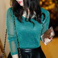 Bright Silk Long Sleeve T-Shirt Chic Lace Gauze See Through Slim Korean Fashion Blouses for Women Free Shipping