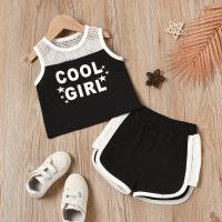 [COD] 2021 summer European and girls suit trendy letter printing splicing mesh childrens two-piece set wholesale