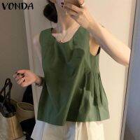 VONDA เสื้อกั๊กแฟชั่นสำหรับผู้หญิงแบบไม่มีแขนเสื้อสายรัดหลังสำหรับทำงานสำนักงาน OL เสื้อยืดคอกลมทึบ (ลายดอกไม้เกาหลี)