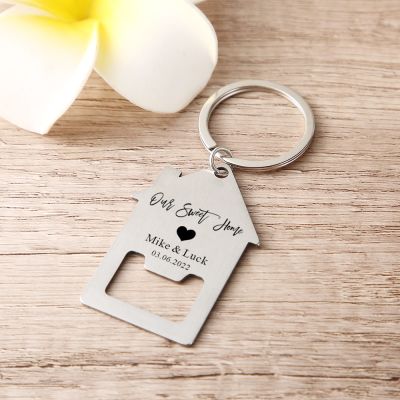 Custom Name and Date Bottle Opener Keychain House Shaped Stainless Keyring New Home Gift for Couples Personalised Gift for Guest