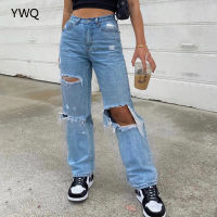 Tangada Women Ripped Jeans Streetwear Female High Waist Baggy Straight Leg Pants Casual Solid Hole Boyfriend Denim Trousers 6501