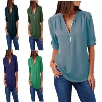 COD DSFDGDFFGHH Mid-length Loose Type Plus Size Womens Chiffon Top V-Neck Zipper Shirt Short-Sleeved T