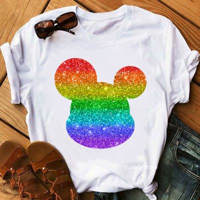 การออกแบบเดิมเสื้อยืด Glitter Rainbow LGBT print t-shirt womens clothing mouse ears tshirt femme summer fashion tee shirt femaleS-5XL