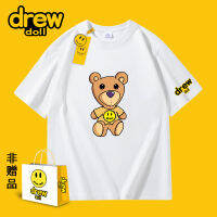 Drew Doll แบรนด์ร่วม2023ปีหน้ายิ้มใหม่การ์ตูนหมีพิมพ์คู่แขนสั้นเสื้อยืดแฟชั่นลำลอง