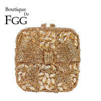 Boutique De FGG ผู้หญิงที่สง่างามคริสตัลกล่องคลัทช์ด้วยโบว์ถุงเย็นแฟชั่นงานเลี้ยงอาหารค่ำ Rhinestone กระเป๋าถือและกระเป๋า