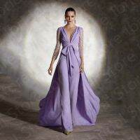 【YF】 Unique Lilac Mother of the Bride Dresses V Neckline Pants Suit 3/4 Sleeves Wedding Guest Gowns Back Out Bow Belt