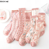 5Pairsset 2021 3D Floral Socks Womens Socks Palace Retro Ladies Cotton Socks Embossed Pink Floral Combed Cotton Socks Kawaii
