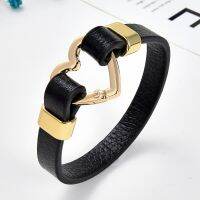 2021 Trendy Heart Shape Spring Clasp Women Bracelet Gold Color Metal Black Leather Bracelets Girl Fashion Jewelry Wholesale 【hot】yde863