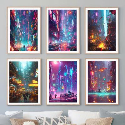 Neon Cyberpunk Future City Street Canvas Poster Aesthetics Anime Hot Classic Car Art Room Wall Decoration Living Bedroom Picture Tapestries Hangings