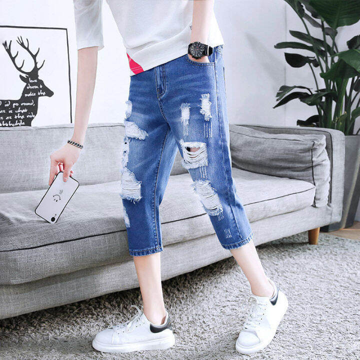 RCG987 Summer thin cropped ripped jeans men's Koreanstyle slim fit