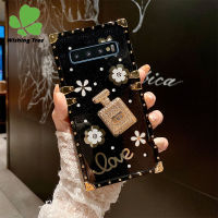 เคสสำหรับ Samsung Galaxy S8 / S8 + / S8 Plus / S9 / S9 + / S9 Plus / S10 / S10 + / S10 Plus / S10 Lite 2020 กรณีหรูหราเพชรน้ำหอมรักดอกไม้รูปแบบกรณีกลับด้วยเพชรขวดน้ำหอมตกแต่ง