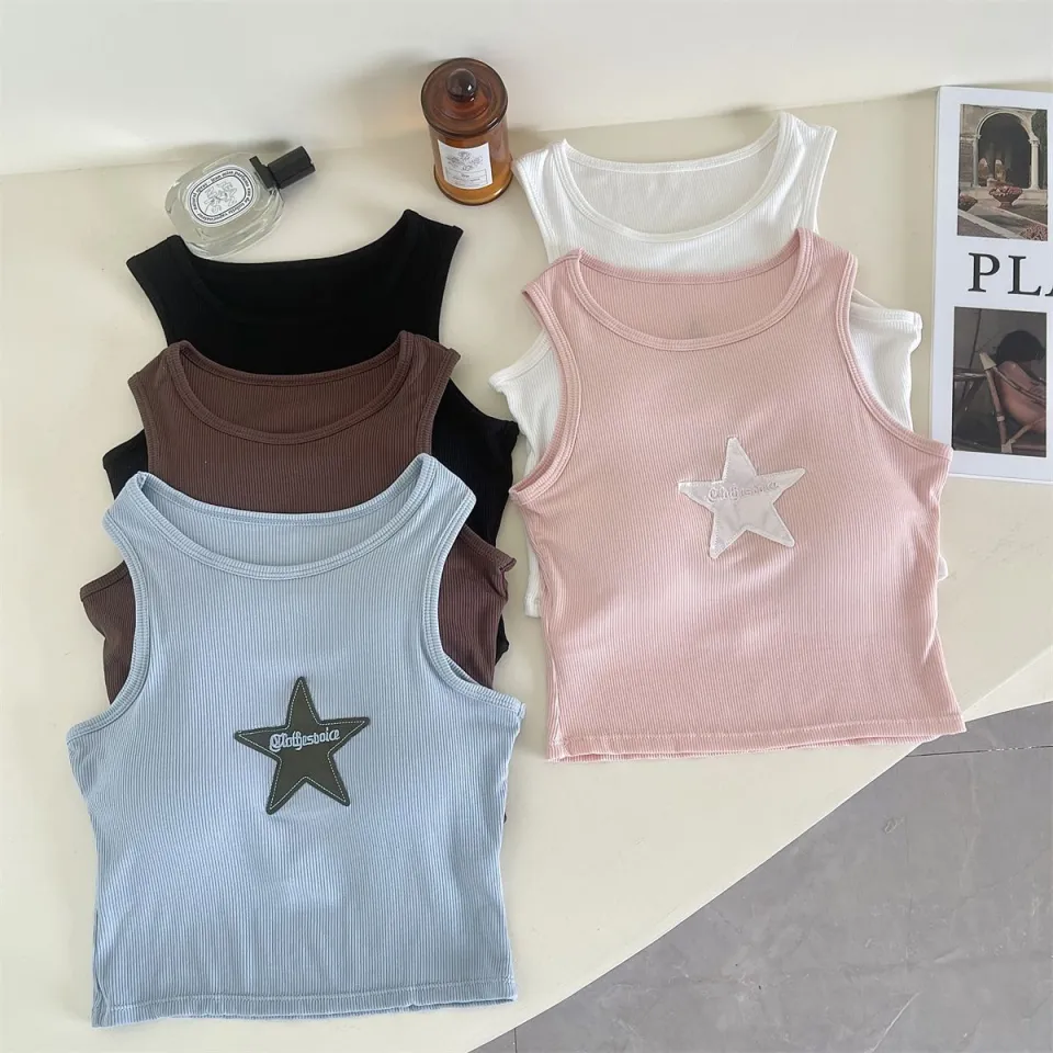 Cheap Women Streetwear Y2k Letter Stitch Embroidery Tank Top with Pad Sexy  Sleeveless Sporty Crop Top