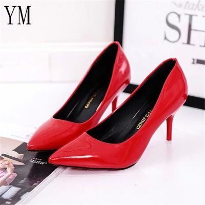 Hot Selling Women Shoes Pointed Toe Pumps Patent Leather Dress Red 8CM High Heels Boat Shoes Shadow Wedding Shoes Zapatos Mujer