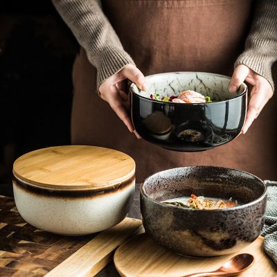 ชามน้ำซุปก๋วยเตี๋ยวเซรามิกขนาดใหญ่สำหรับใช้ในบ้านชามโจ๊กชามราเมง Guanpai4บนโต๊ะอาหารญี่ปุ่นที่สร้างสรรค์บะหมี่กึ่งสำเร็จรูป