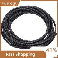 WUSUOGU 5.5 Yards 3mm คะ สายหนังแท้ รอบพับ เครื่องหนังแท้ สายรัด Bolo ถัก สายกำไลข้อมือ สีดำสีดำ สายหนังโบราณ ทำเครื่องประดับ DIY