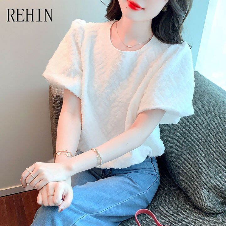 rehin-เสื้อแขนสั้นสำหรับผู้หญิง-เสื้อแขนสั้นคอกลมแขนพองดีไซน์สไตล์เกาหลีแบบใหม่ฤดูร้อน